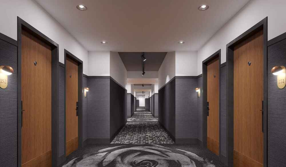 Rendering of hotel hallway at The Rose Gaming Resort