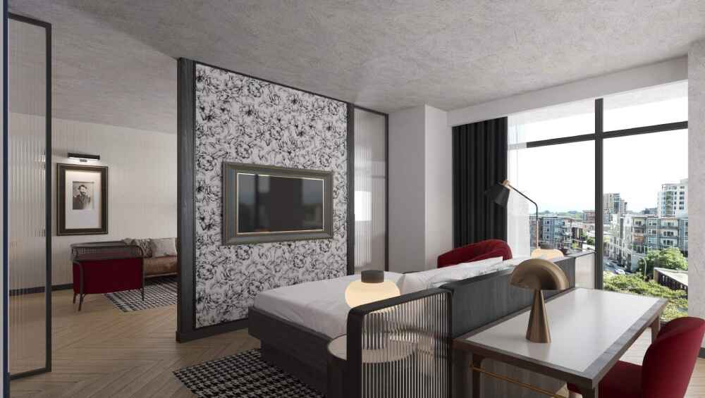 Rendering of hotel room at The Rose Gaming Resort